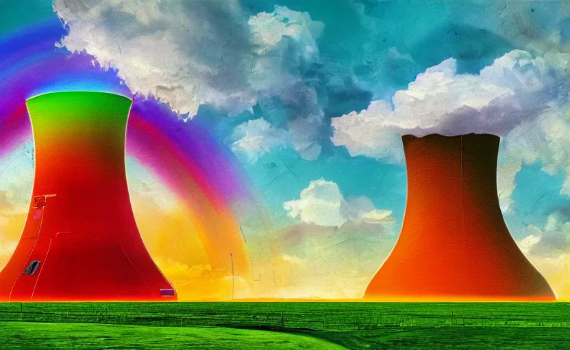 Image similar to artwork of an exploding nuclear reactor with all the colors of the rainbow, sunny sky, green fields, digital art, masterpiece, 4k