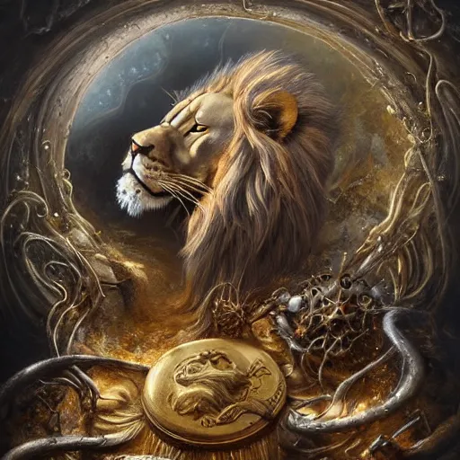 Image similar to a beautiful detailed 3 d matte portrait of a alchemist lion, by ellen jewett, by tomasz alen kopera, by justin gerard, ominous, magical realism, texture, intricate, skull, skeleton, gold coins, money, whirling smoke, alchemist bottles, radiant colors, fantasy, volumetric lighting, high details