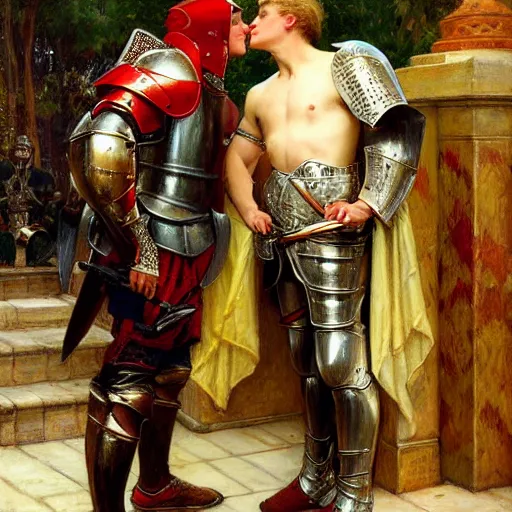 Image similar to attractive fully clothed arthur pendragon confesses his love for his attractive fully clothed male knight. highly detailed painting by gaston bussiere and j. c. leyendecker 8 k