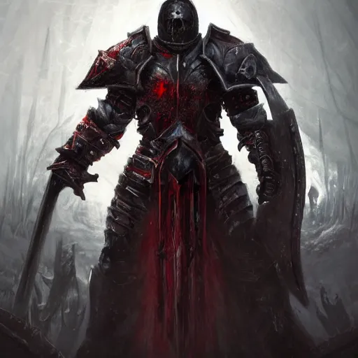 Image similar to blood death knight in heavy armor, artstation hall of fame gallery, editors choice, #1 digital painting of all time, most beautiful image ever created, emotionally evocative, greatest art ever made, lifetime achievement magnum opus masterpiece, the most amazing breathtaking image with the deepest message ever painted, a thing of beauty beyond imagination or words