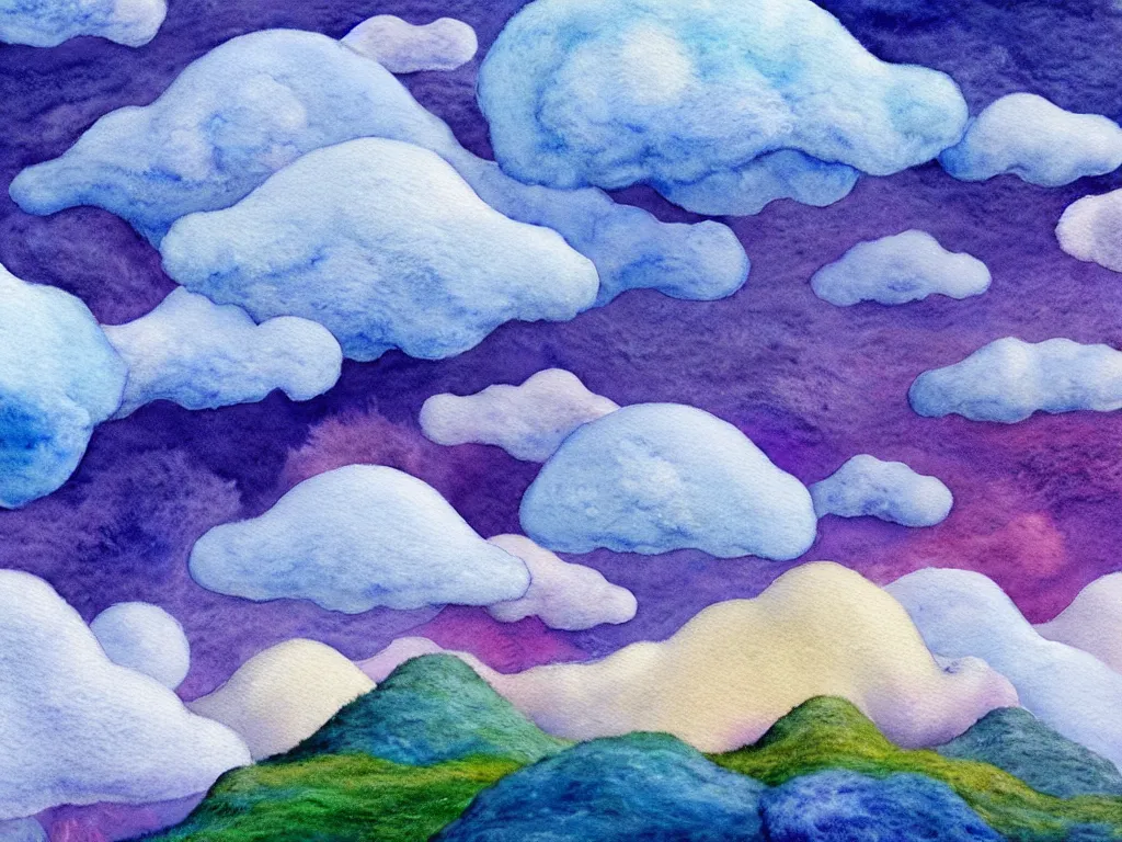 Prompt: A watercolor art of Mumintroll character in shape of wool felting amazing clouds, illustration by Irena Žviliuvienė, book cover, colorful background with mountains, 4k resolution, ultra detailed, matte painting, tarot card style, character design