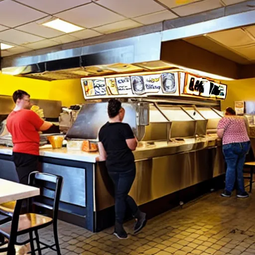 Prompt: busy wafflehouse interior with customers eating breakfast and wafflehouse employees serving food and cooking behind countertop bar that has food on