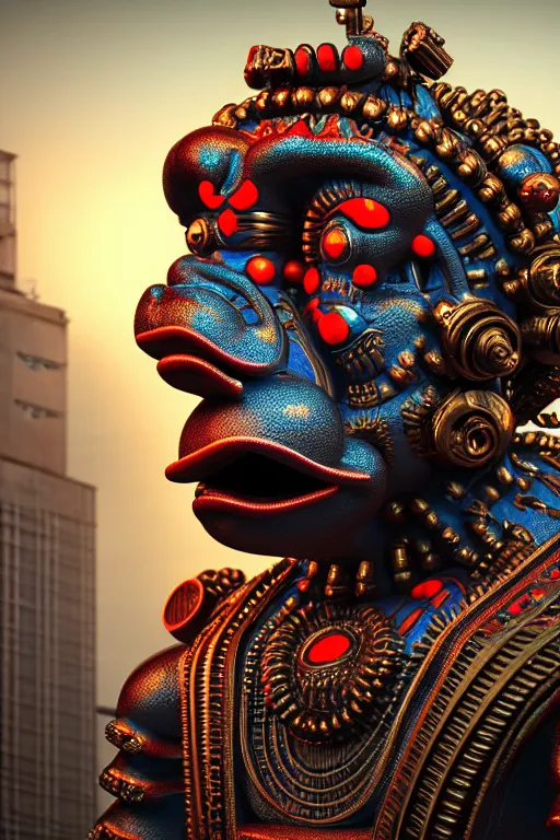 Prompt: high quality 3 d render post - rococo cyberpunk hanuman! head building, neon madhubani, open mouth, highly detailed, in sci - fi new delhi, cinematic smooth unreal engine, lee madgwick & liam wong, dramatic light, low angle, uhd 8 k, sharp focus