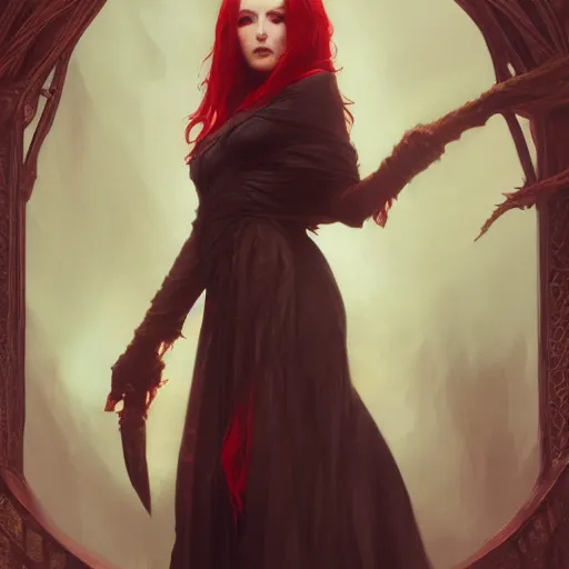 Image similar to portrait of a gorgeous young irish woman with red hair wearing tattered black robes, HD, D&D 4k, 8k, incredibly detailed, intricate, masterpiece, digital illustration by greg rutkowski and tom bagshaw and brom, trending on artstation, character design, concept art