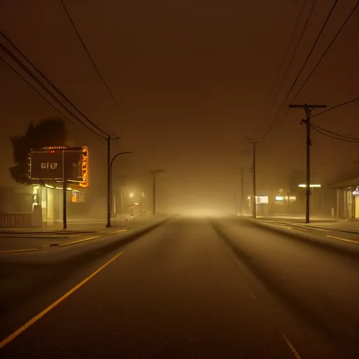 Image similar to A stunningly beautiful award-winning 8K high angle cinematic movie photograph of a dark foggy main intersection in an abandoned 1950s small town at night, by Edward Hopper and David Fincher and Darius Khonji, cinematic lighting, perfect composition, moody low key volumetric light. Color palette from Seven, greens yellows and reds. 2 point perspective, from 15 feet off the ground