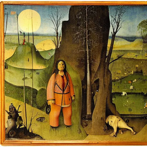 Prompt: standing bear in the foreground, forest in the background, hieronymus bosch