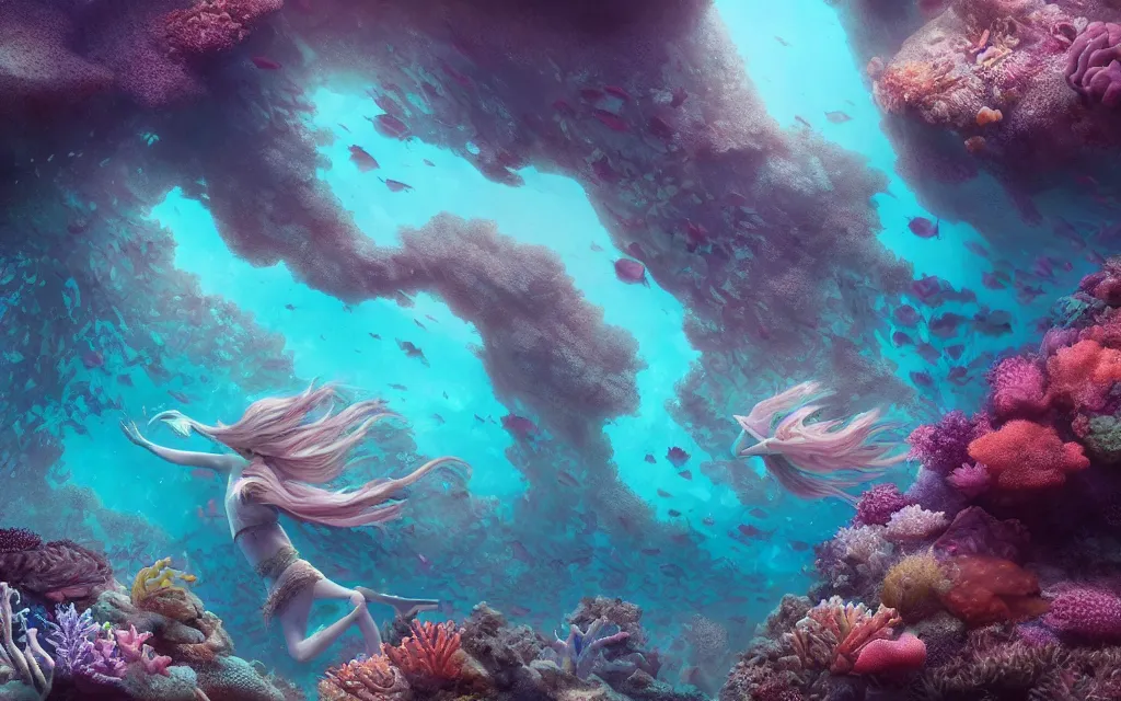 Prompt: a sunken ship in a coral reef by charlie bowater and anna dittmann and artgerm and clemens ascher, intricate, elegant, brown and pink and blue and green mist, highly detailed, dramatic lighting, sharp focus, octane render, trending on artstation, artstationhd, artstationhq, unreal engine, 4 k, 8 k