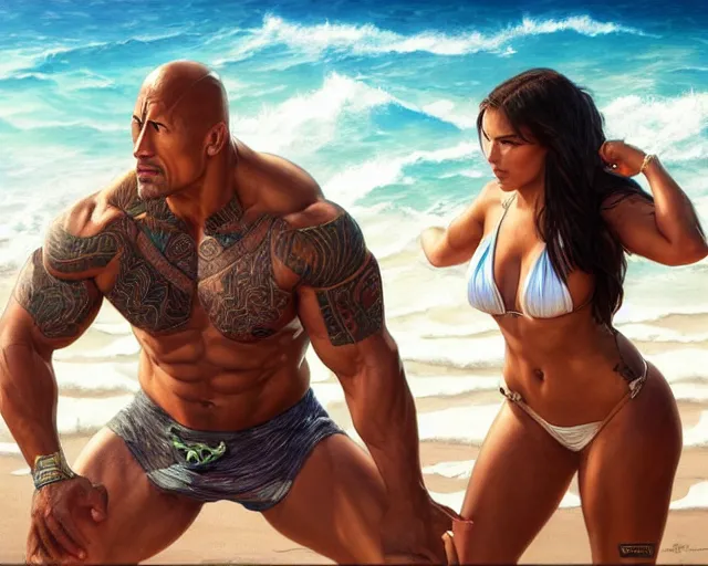 Image similar to photography of dwayne johnson wearing a bikini at the beach, deep focus, d & d and mtg, fantasy, intricate, elegant, highly detailed, digital painting, artstation, concept art, matte, sharp focus, illustration, hearthstone, art by artgerm and greg rutkowski and alphonse mucha