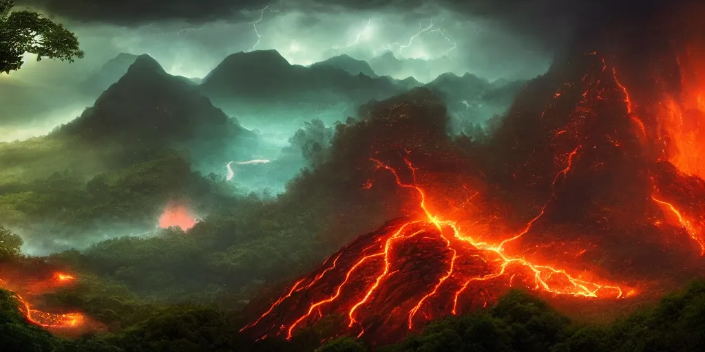 Prompt: boundary of two lands, green wild jungle vs dark mountain with lava, magic and lightning, epic, fantasy, D&D, intricate, epic landscape, highly detailed, sharp focus, cinematic lighting