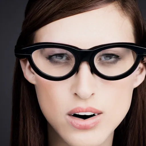 Prompt: close-up 35mm photograph of a beautiful female model wearing futuristic glasses, special design, studio lighting