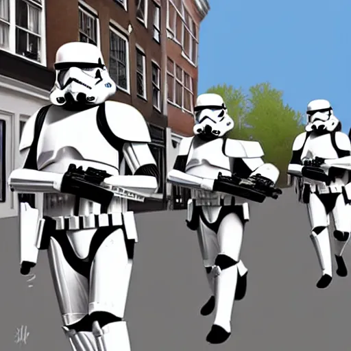 Prompt: a low - detailed picture of stormtroopers walking in amsterdam, digital art