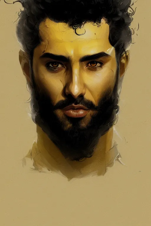 Image similar to Arab man light beard, curly hair, swordsman, modern, hero, yellow and charcoal leather, highly detailed, digital painting, artstation, concept art, sharp focus, illustration, by greg rutkowski