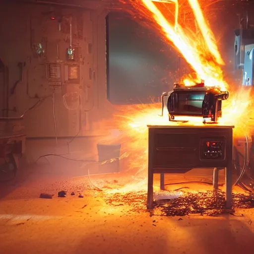 Prompt: toaster oven terminator robot, dark messy smoke - filled cluttered workshop, dark, dramatic lighting, orange tint, sparks, plasma charge, cinematic, highly detailed, sci - fi, futuristic, movie still