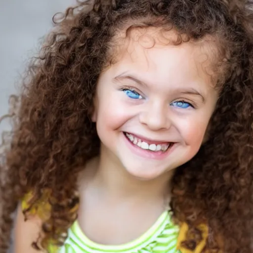 Prompt: high quality portrait photograph of a cute little girl with brown curly hair and blue eyes, smiling