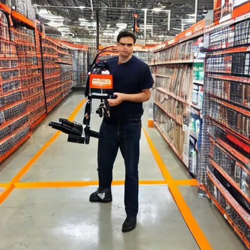 Prompt: Ben Shapiro with a flame thrower in a Home Depot