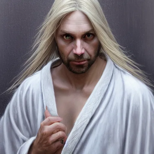 Image similar to portrait of 4 0 - year - old man with dirty blonde hair down to his waist, pale eyebrows and protuberant silver eyes, wearing a simple white robe, hyper realistic face, beautiful eyes, fantasy art, in the style of greg rutkowski, intricate, alphonse mucha, hyper detailed, smooth