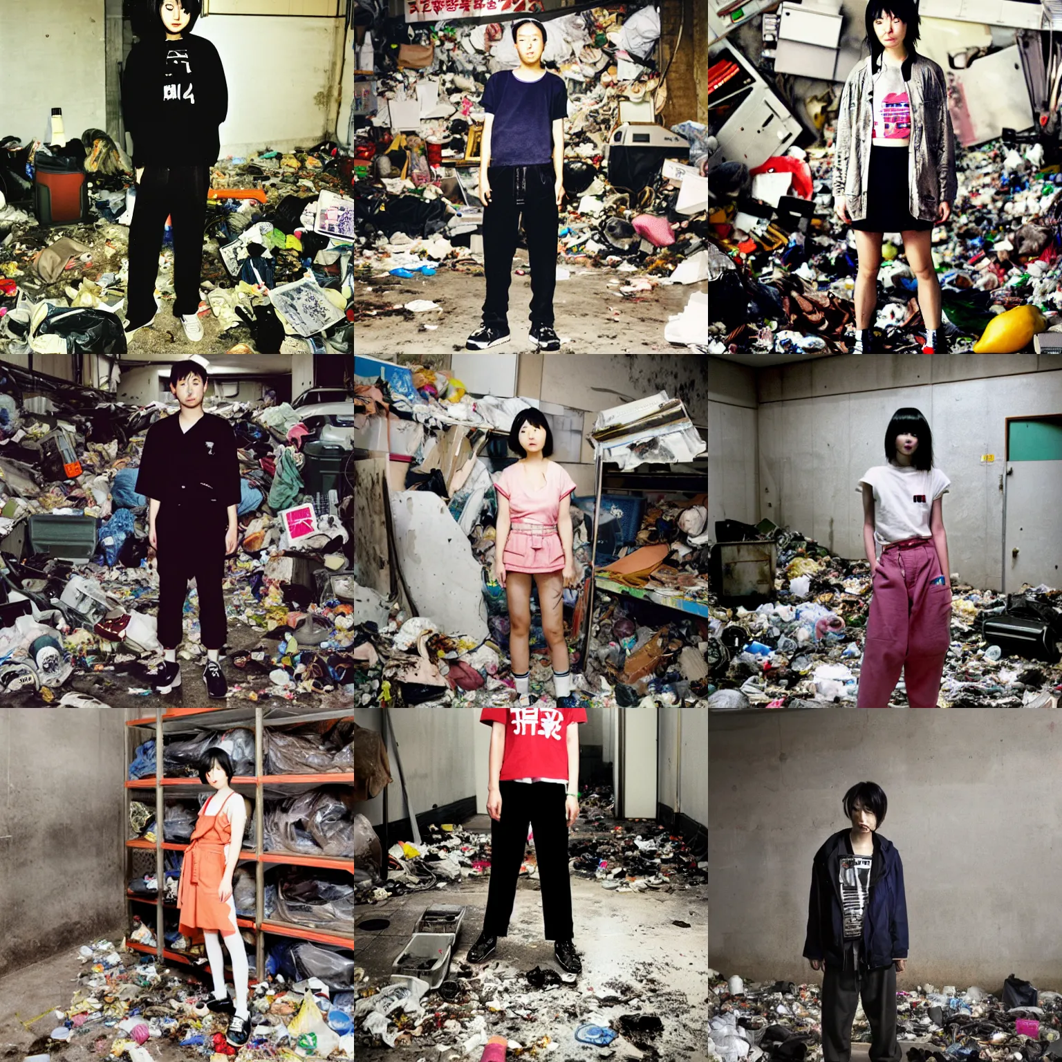 Prompt: Hyoma from 20471120 in the style of 1990's FRUiTS magazine in japan standing in a dirty concrete room full of trash and garbage server racks and cables everywhere in the style of Juergen Teller