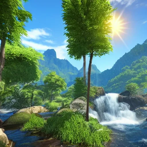 Prompt: paradise on earth with nice trees, rivers, mountains and sun, unreal engine, photorealistic, ultra - detailed, 4 k high resolution, hdr shot