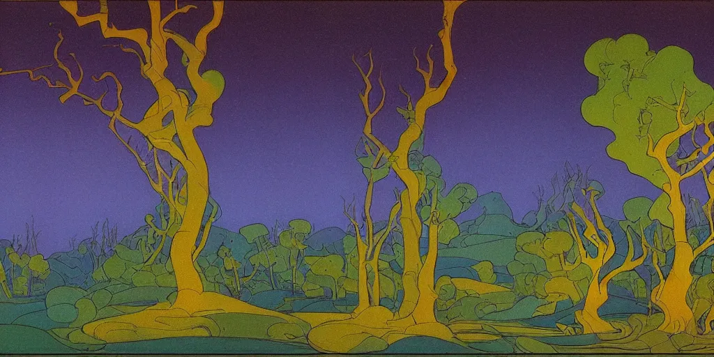 Image similar to a night landscape background, paul ranson, rob gonsavles, eyvind earle