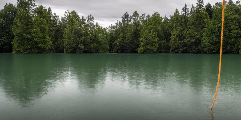 Image similar to an infinitely long colored rope zig - zagging across the surface of the water into the distance, floating submerged rope stretching out towards the center of the lake, a dark lake on an overcast day, atmospheric, color film, trees in the background, hyper - detailed photo, anamorphic lens