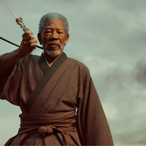 Image similar to cinematic film still of Morgan Freeman starring as a Samurai holding fire, Japanese CGI, VFX, 2022, 40mm lens, shallow depth of field, film photography