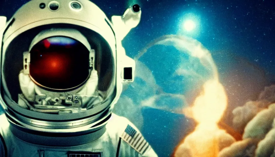 Image similar to movie still of a transcendental astronaut being, cinematic composition, cinematic light, anamorphic lens