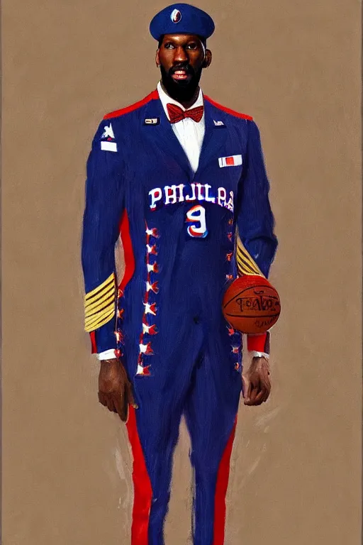 Image similar to full body portrait of the dictator of the philadelphia 7 6 ers, 1 8 8 9, in full military garb, joel embiid, oil on canvas by william sidney mount, trending on artstation