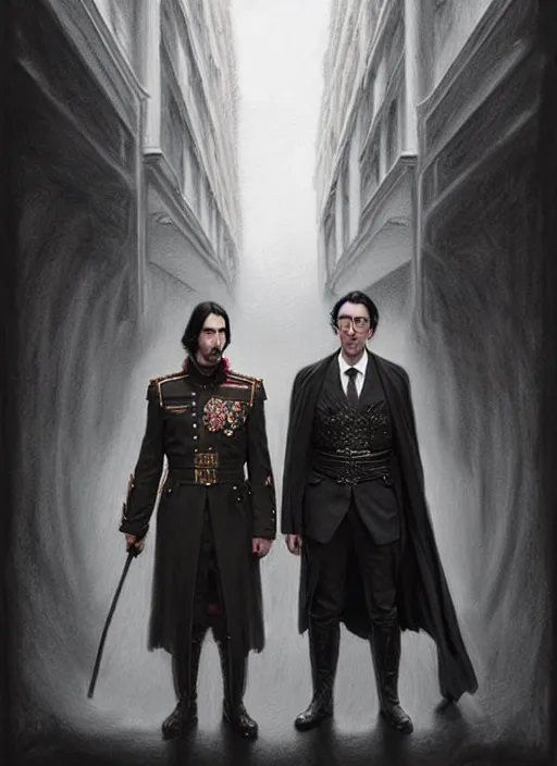 Image similar to a portrait of john oliver standing next to adam driver as in the vigo carpathian painting, stoic, military uniform, fantasy, intricate, beautiful, highly detailed, charcoal, centered, dark, smokey, digital painting, concept art, smooth, sharp focus, illustration, art by artgerm and greg rutkowski