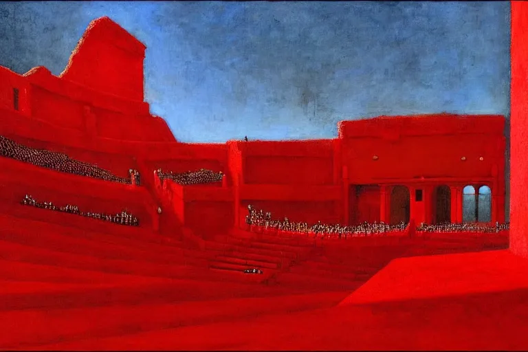 Image similar to only with red, a red great emperor, taormina amphitheatre, expressive crowd with big smile, in the style of beksinski, parts by edward hopper, parts by rodcenko, parts by yue minjun, intricate and epic composition, red by caravaggio, insanely quality, highly detailed, masterpiece, red light, artstation, 4 k