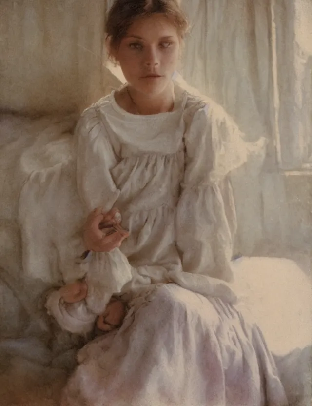 Image similar to peasant girl in a morning in country house sitting on a bed, cottage core, polaroid photo bleached vintage pastel colors high - key lighting, soft lights, foggy, by steve hanks, by lisa yuskavage, by serov valentin, by tarkovsky, detailed, oil on canvas