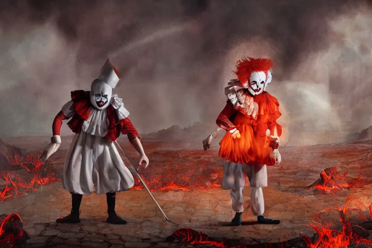 Image similar to pennywise as pulcinella! making pizza, in the backgroun vesuvius spewing lava, by esao andrews, by james jean, post - apocalyptic, hyperrealistic, big depth of field, black sky, glowing pools of lava, 3 d octane render, 4 k, conceptart, masterpiece, hyperrealistic, trending on artstation