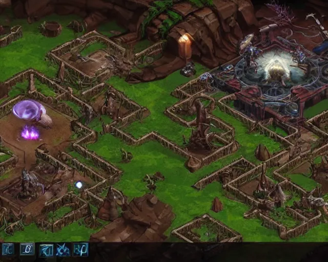 Prompt: a screenshot of an isometric view of a biopunk labyrinth, in the style of the pc game diablo ( by blizzard )