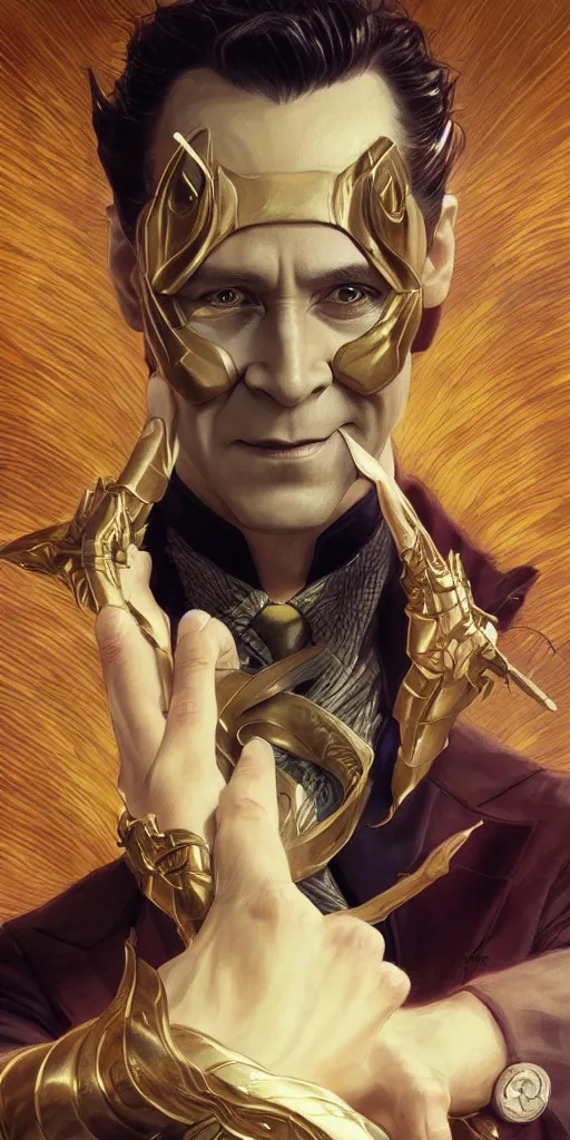 Image similar to Loki in a business suit, artists portrait, fantasy, highly detailed, digital painting, concept art, sharp focus, depth of field blur, illustration, art by artgerm and greg rutkowski and alphonse mucha