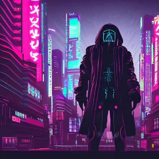 Image similar to cyberpunk character in abstract neon tokyo composition, dark and mysterious, very detailed, very realistic