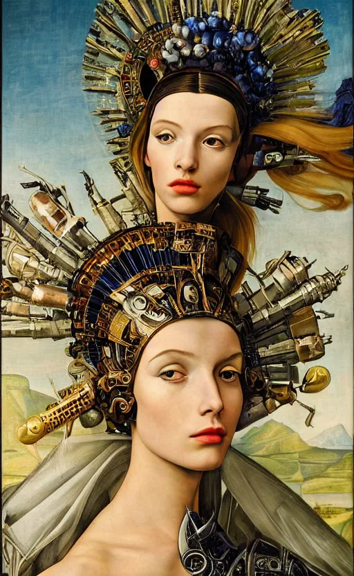 Image similar to beautifully painted mural of a stunning young cyborg muse in ornate royal armor, piercing glowing eyes, sci fi scenery, vogue cover poses, mural in the style of sandro botticelli, caravaggio, albrecth durer