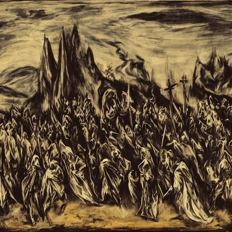 Prompt: A Holy Week procession of grim reapers in a lush Spanish landscape at night. A hooded figure at the front holds a cross. El Greco.