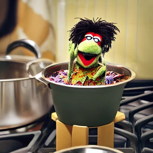 Image similar to a muppet inside a metal pot on a stove, next to an italian chef cooking