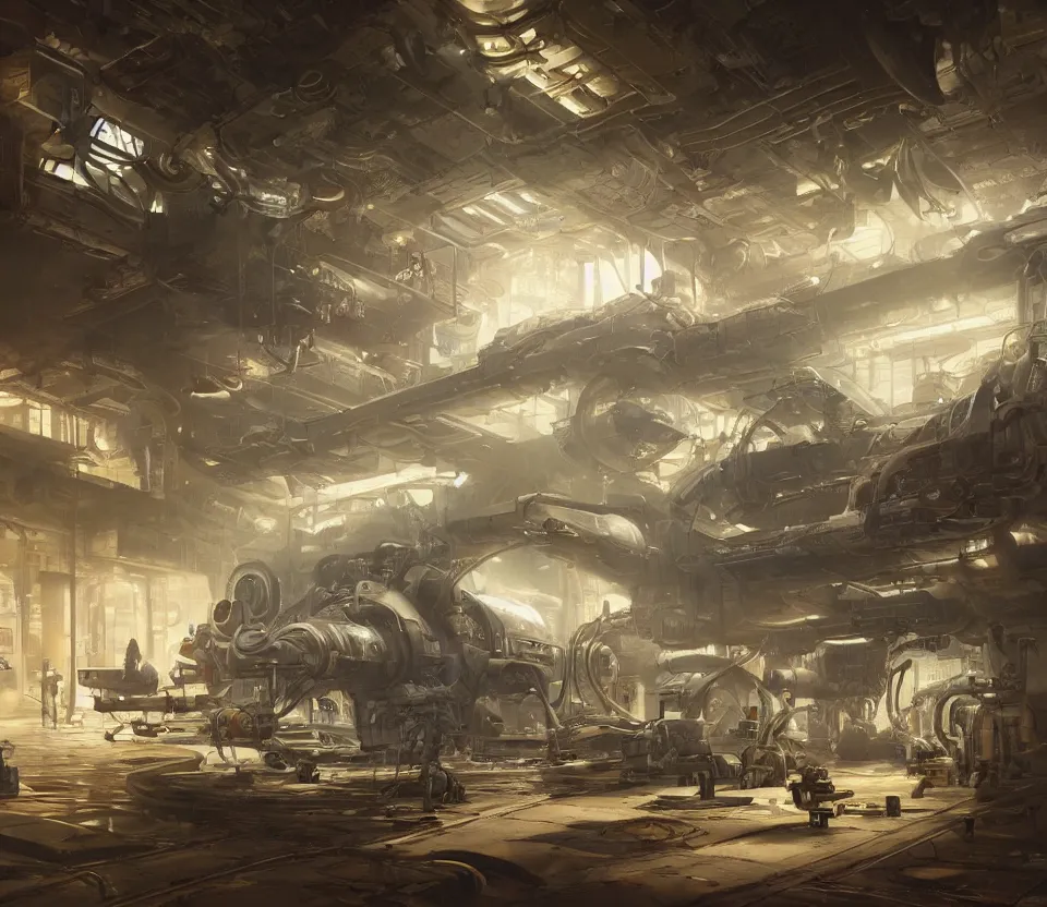 Prompt: the inside of a futuristic mechanic spaceshop, highly detailed interior, holographic screen in center frame by peter mohrbacher and craig mullins, dieselpunk, firefly, cryengine render, hyper realism, realistic shading, cinematic composition, realistic render, octane render, detailed textures, photorealistic, wide shot, fanciful, colorful