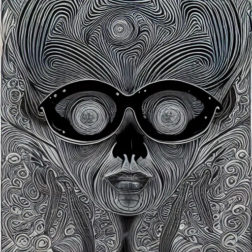 Prompt: holographic headset interface painted in alex grey and chris dyer style drawn by takato yamamoto, inspired by ooioo and sorayama and ikeuchi, intricate 3 d sculpture, black and white, 3 d, high detail, sharp high detail, artstation, octane