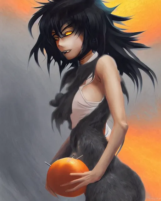 Prompt: anime wolfgirl with shaggy black hair, glowing orange eyes, dark grey skin and furry arms, digital art, by Fernanda Suarez and and Edgar Maxence