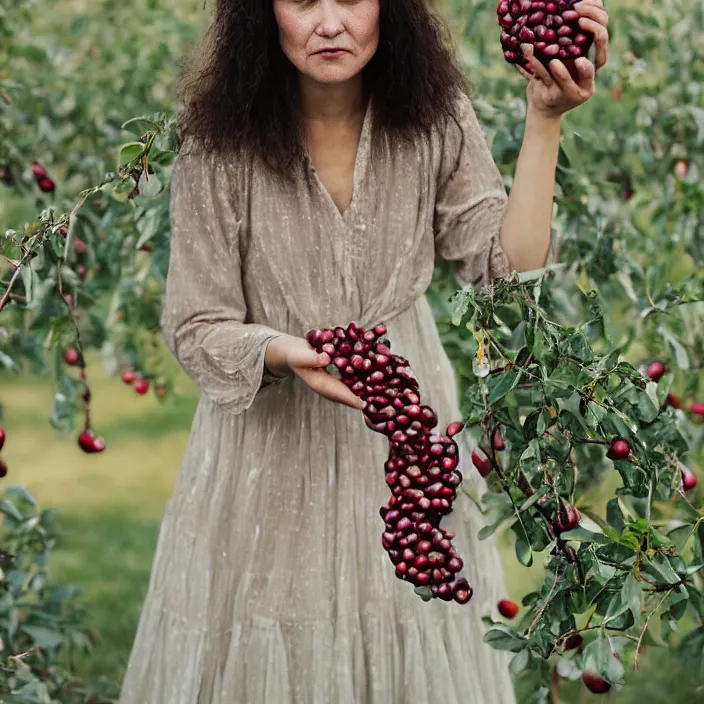 Image similar to a closeup portrait of a woman wearing a dress made of tangled twisted knotted iridescent ribbon, picking pomegranates from a tree in an orchard, foggy, moody, photograph, by vincent desiderio, canon eos c 3 0 0, ƒ 1. 8, 3 5 mm, 8 k, medium - format print