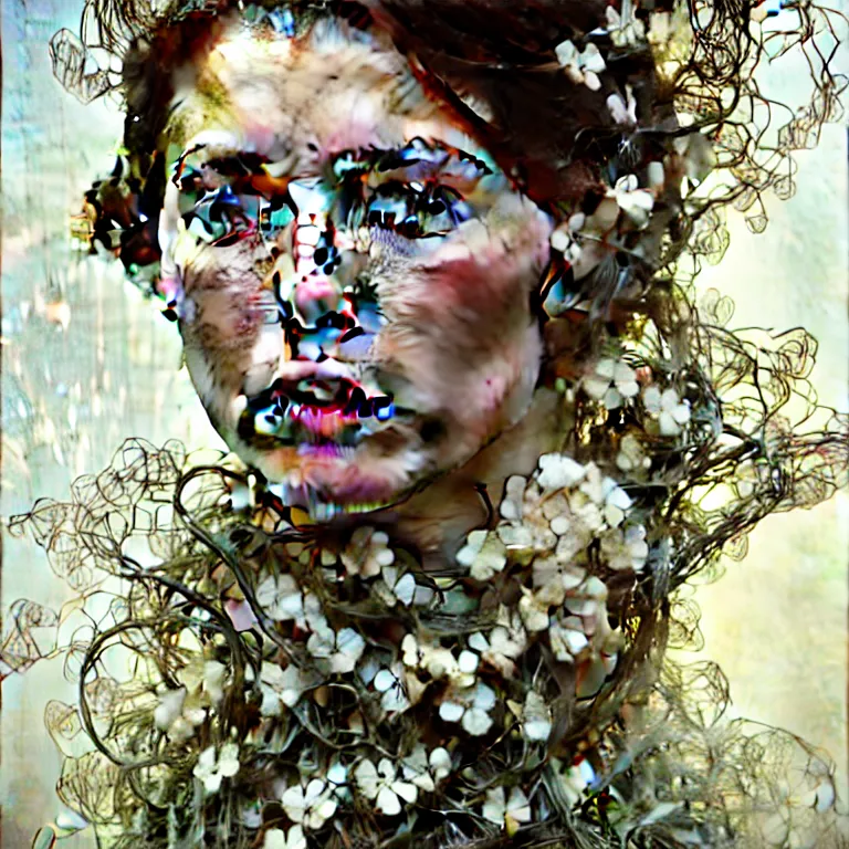 Image similar to hyperrealist realistic wonderful face portrait of a 2 0 4 4 space sport engineer, it is decorated with long wires and white flowers that fall like vines and wears a huge computer crown. by jeremy mann and alphonse mucha, fantasy art, photo realistic, dynamic lighting, artstation, poster, volumetric lighting, very detailed faces, 4 k, award winning