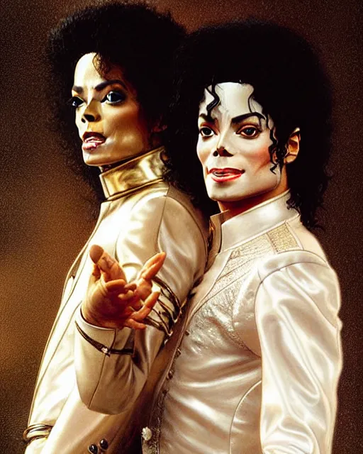 Image similar to Portrait of Michael Jackson & Prince dancing, real life skin, intricate, elegant, highly detailed, artstation, concept art, smooth, sharp focus, art by artgerm and greg rutkowski and alphonse mucha