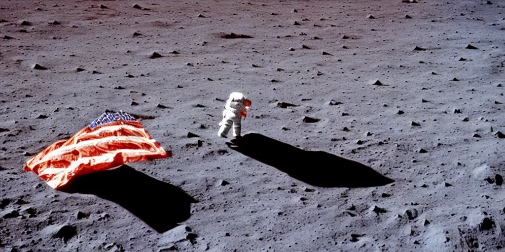 Prompt: colour photograph of the moon landing, astronauts with urss flag, spaceship, high resolution, very detailed