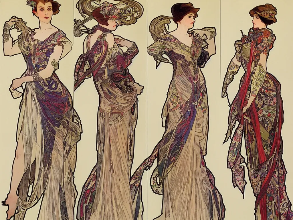 Prompt: 4 elegant full length spider horse dress designs with natural history prints designed by alphonso mucha