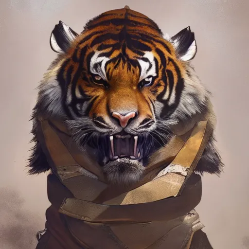 Image similar to a aesthetic award winning commission portrait of a fit anthro tiger wearing military uniform,digital art,art by greg rutkowski,art germ,charles bowater,trevor henderson,detailed beautfiul face,photorealistoc,hyperdetailed,dramatic,artstation,deviantart,professional lighting