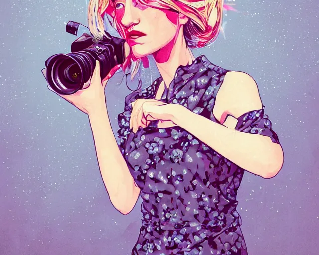 Image similar to pale young woman with bright blonde hair, freckles, gray eyes and a wide face, flowery dress, she is holding a professional dslr camera close to her face with one hand, dramatic lighting, bright flare, expressive, surrealist art by conrad roset