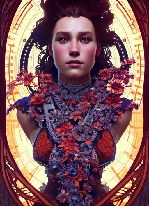 Image similar to symmetry!! portrait of floral! horizon zero dawn machine, intricate, elegant, highly detailed, digital painting, artstation, concept art, smooth, sharp focus, illustration, art by artgerm and greg rutkowski and alphonse mucha, 8 k