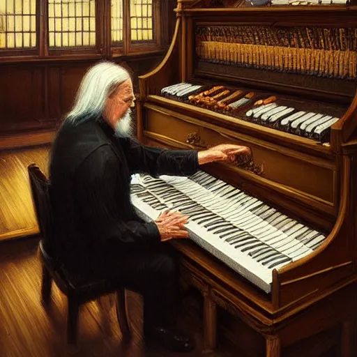 Image similar to a portrait of jon lord of deep purple playing his organ, urban motifs, intricate, elegant, highly detailed, digital painting, trending on artstation, concept art, smooth sharp focus, illustration, art by artgerm and greg rutkowski