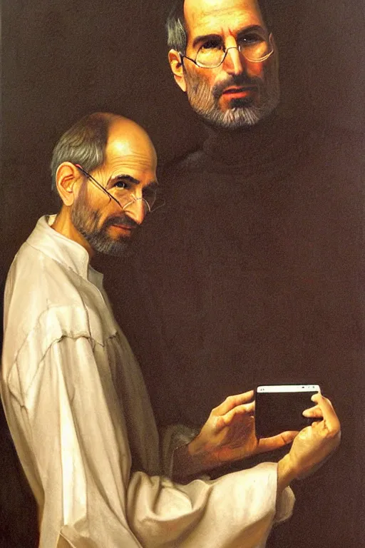 Prompt: a beautiful oil painting portrait of Steve Jobs wearing medieval clothes and holding an iphone by Rembrandt and Dino Valls and George Stubbs and Greg Rutkowski